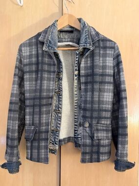 Plaid Gray Jacket with Denim Trim